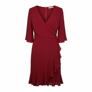 Cooper St Elegant Faux Wrap Dress Sophisticated Flowy Sleeve Ruffle Cocktail Red